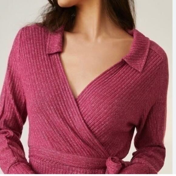 Anthropologie S pink ribbed belted wrap v neck stretchy long sleeve maxi dress - Picture 4 of 15